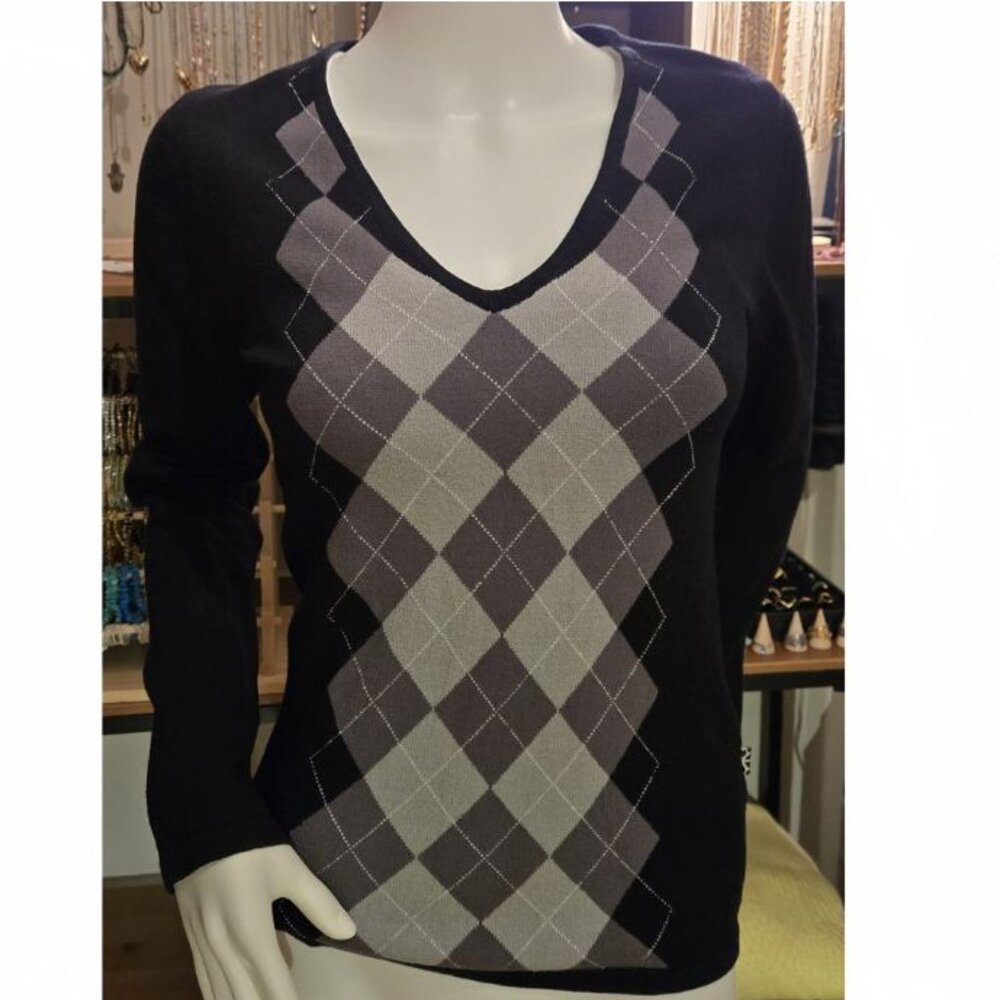 Black Gray Diamond Lozenge Knit V-Neck sweater